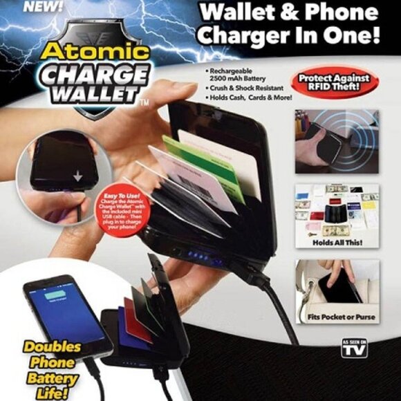 AS SEEN ON TV ATOMIC CHARGE WALLET & PHONE CHARGER IN ONE! - BLACK (BRAND NEW) - Picture 1 of 3